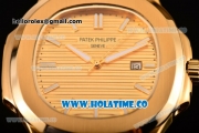 Patek Philippe Nautilus Asia Automatic Yellow Gold Case with Gold Dial Brown Leather Strap and Stick Markers