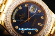 Rolex Day-Date II Automatic Movement Full Gold with Double Row Diamond Bezel-Blue Dial and Diamond Markers