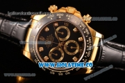 Rolex Daytona Chrono Swiss Valjoux 7750 Automatic Yellow Gold Case with Diamonds Markers Black Dial and Black Leather Strap - Ceramic Bezel (BP)