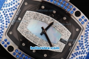 Richard Mille RM007 Automatic Movement Silver Case with Diamond Hour Marker and Blue Diamond Bezel-Blue Leather Strap