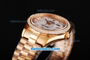 Rolex Day Date II Automatic Movement Full Rose Gold with Diamond Bezel-Diamond Markers and White MOP Dial