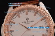 Patek Philippe Calatrava Swiss ETA 2824 Automatic Steel Case Rose Gold/Diamond Bezel with Brown Leather Strap White Dial Diamond Markers