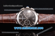 Cartier Rotonde De Chrono Miyota Quartz Steel Case with Black Skeleton Dial and Brown Leather Strap - Stick Markers