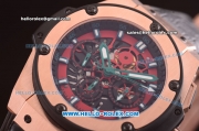 Hublot King Power Swiss Valjoux 7750 Automatic Rose Gold Case with Red Skeleton Dial and Black Leather Strap