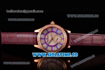 Jaeger-LeCoultre Lady Miyota Quartz Rose Gold Case with White MOP Dial Purple Stick Markers and Purple Leather Strap - Diamonds Bezel