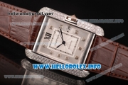 Cartier Tank Anglaise Miyota 9015 Automatic Steel Case with Diamonds Markers Brown Leather Strap and Silver Dial - Diamonds Bezel