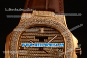 Patek Philippe Nautilus Miyota 9015 Automatic Diamonds/Yellow Gold Case with Diamonds Dial and Brown Leather Strap (AAAF)