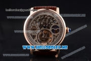 Cartier Ronde De MoonPhase Swiss Tourbillon Manual Winding Rose Gold Case with Skeleton Dial and Brown Leather Strap