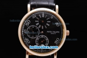 Patek Philippe Classic Chronograph Manual Winding Gold Bezel with Black Dial,White Marking and Black Leather Strap