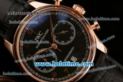 IWC Portuguese Chrono Miyota OS20 Quartz Rose Gold Case with Black Dial Numeral Markers and Black Leather Bracelet