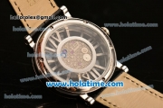 Cartier Rotonde De Swiss Quartz Steel Case with Diamonds Bezel Skeleton Dial and Black Leather Strap