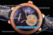 Cartier Rotonde De Swiss Quartz Rose Gold Case with Diamonds Blue Leather Strap with Blue Guilloche Dial