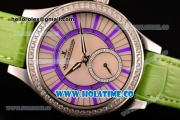 Jaeger-LeCoultre Lady Miyota Quartz Steel Case with White MOP Dial Green Leather Strap and Purple Stick Markers - Diamonds Bezel