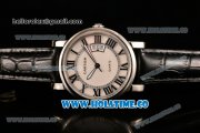 Cartier Rotonde De Miyota Quartz Rose Gold Case with White Dial Roman Numeral Markers and Black Leather Strap