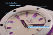 Hublot Classic Fusion Japanese Miyota OS2035 Quartz Ceramic Case with Purple Rubber Strap and White Dial Stick Markers