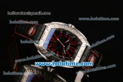 Franck Muller Conquistador Grand Prix Asia Automatic Steel Case with Black Dial Red Markers and Black Leather Bracelet