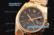 Rolex Datejust Swiss ETA 2836 Automatic Yellow Gold Case with Stick Markers and Black Dial