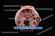 Cartier Ballon Bleu De Tourbillon Swiss Tourbillon Manual Winding Rose Gold Case with Pink Dial Pink Leather Strap and Roman Numeral Markers