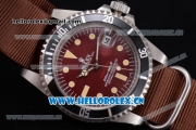 Rolex Submariner Vintage Asia 2813 Automatic Steel Case Red Dial Dot Markers and Brown Nylon Strap