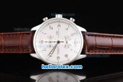 IWC Portugieser Chronograph Quartz Movement Silver Case with Number Markers-White Dial and Brown Leather Strap