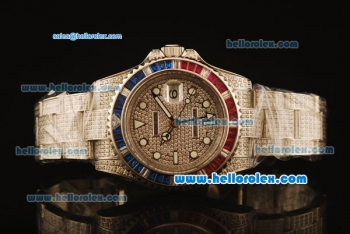 Rolex GMT Master II Swiss ETA 2836 Automatic Full Steel with Diamond Paved and Red and Blue Bezel