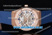 Hublot Classic Fusion Skeleton Asia Automatic Rose Gold Case with Skeleton Dial Diamonds Bezel and Blue Rubber Strap