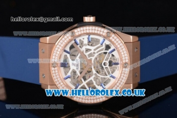 Hublot Classic Fusion Skeleton Asia Automatic Rose Gold Case with Skeleton Dial Diamonds Bezel and Blue Rubber Strap