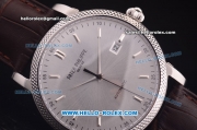 Patek Philippe Swiss ETA 2824 Automatic Steel Case with Silver Dial and Brown Leather Strap