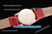Omega De Ville Prestige Miyota Quartz Steel Case with White MOP Dial Diamonds Bezel and Red Leather Strap