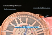 Cartier Rotonde De Swiss Quartz Rose Gold Case with Diamonds Bezel Skeleton Dial and Pink Leather Strap