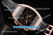Franck Muller Vanguard Miyota OS20 Quartz Rose Gold Case with Black Dial Black Leather Strap and Diamonds Bezel