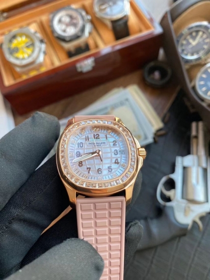 PPF most beautiful bean paste color high imitation rose gold diamond Patek Philippe AQUANAUT women's watch 5072R-001 watch - Click Image to Close