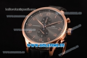 IWC Portuguese Chrono Miyota Quartz Rose Gold Case with Grey Dial Black Leather Strap and Arabic Numeral Markers