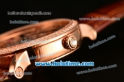 Cartier Rotonde De Swiss Quartz Rose Gold Case with Diamonds Bezel Skeleton Dial and Brown Leather Strap