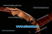 Cartier Rotonde De Miyota Quartz Rose Gold Case with White Dial Roman Numeral Markers and Brown Leather Strap