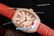 Franck Muller Heart Swiss Quartz Rose Gold Case with Red Leather Strap Diamond Bezel and White Dial - ETA Coating