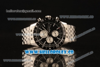 Breitling Chronoliner Chronograph Swiss Valjoux 7750 Automatic Steel Case with Black Dial Ceramic Bezel Stick Markers and Stainless Steel Bracelet
