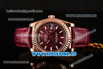 Rolex Day-Date Asia 2813 Automatic Rose Gold Case with Purple Dial Stick Markers and Purple Leather Strap