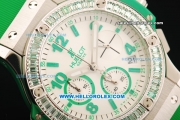 Hublot Big Bang Chronograph Miyota Quartz Movement White Dial with Green Markers and Diamond Bezel - Green Rubber Strap