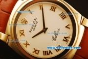 Rolex Cellini Swiss Quartz Yellow Gold Case with White Dial and Brown Leather Strap-Roman Markers