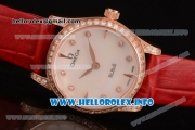 Omega De Ville Prestige Miyota Quartz Rose Gold Case with White MOP Dial Diamonds Bezel and Red Leather Strap