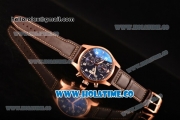 IWC Pilot's Watch Chrono Swiss Valjoux 7750 Automatic Rose Gold Case with Blue Dial Brown Leather Strap and Arabic Numeral Markers