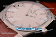 Patek Philippe Gondolo Japanese Miyota Quartz Steel Case with Brown Leather Bracelet Stick Markers and White Dial