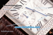 Cartier Tank MC Miyota 8245 Automatic Steel Case with Brown Leather Strap White Dial and Diamond Bezel