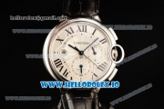 Cartier Ballon Bleu De Large Chronograph 7705 Automatic Steel Case with White Dial Roman Numeral Markers and Genuine Leather Strap