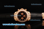 Rolex Daytona Chronograph Miyota Quartz Movement Rose Gold Case with Diamond Bezel and White Markers - Black Leather Strap Rolex Daytona Chronograph Miyota Quartz Movement Rose Gold Case with Diamond Bezel and White Markers - Black Leather Strap
