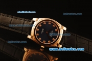 Rolex Cellini Swiss Quartz Rose Gold Case with Dark Blue Dial and Black Leather Strap-Diamond Markers