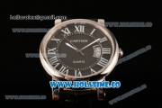 Cartier Rotonde De Miyota Quartz Steel Case with Black Dial Roman Numeral Markers and Black Leather Strap