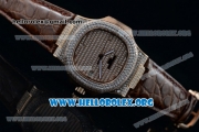 Patek Philippe Nautilus Miyota 9015 Automatic Rose Gold Case with Diamond Dial and Brown Leather Strap