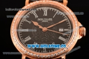 Patek Philippe Calatrava Miyota Quartz Rose Gold Case with Diamonds Bezel and Black Dial - White Roman Numeral Markers